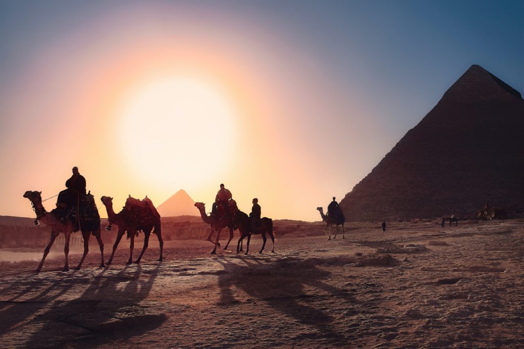 在参观金字塔时骑骆驼